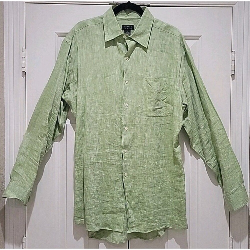Vintage Harold Powell Men's 100% Linen Button Down Shirt L Green Long Sleeve